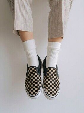 Vans Checkerboard Sneakers Classic Black Yellow Slip On Calf Hair  Sz 8 W/6.5M
